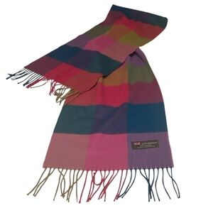 100% Cashmere made in Scotland Large Rainbow Check Scarf, 12”x64”, Unisex